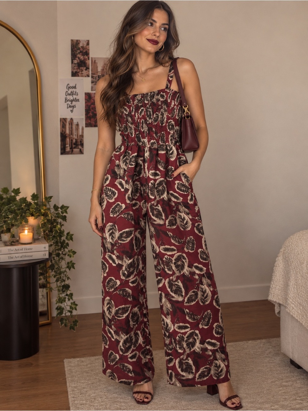 Smocked Wide-Leg Jumpsuit in Burgundy Leaf Print